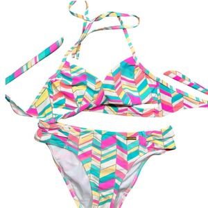 Y2K Venus Geometric Chevron Bikini Set Pink Teal Yellow Size 6